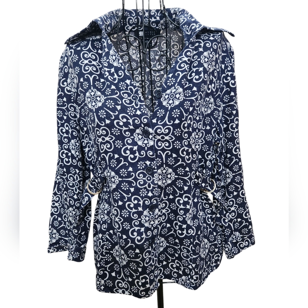 Carole Little 100% Linen Navy and White Patterned Blouse